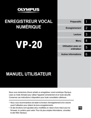 Manuel du propriétaire | Olympus VP-20 Blanc Dictaphone Owner's Manual | Fixfr