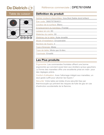 Product information | De Dietrich DPE7610WM Table mixte Product fiche | Fixfr