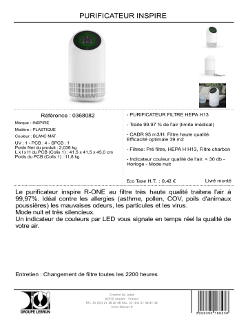 Product information | Inspire 0368082 Purificateur d'air Product fiche | Fixfr
