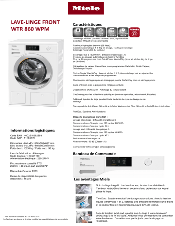 Product information | Miele WTR 860 WPM Lave linge séchant hublot Product fiche | Fixfr