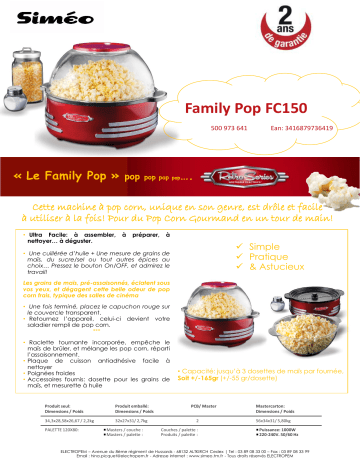 Product information | Simeo Retro series FAMILY POP FC 150 Machine pop corn Product fiche | Fixfr