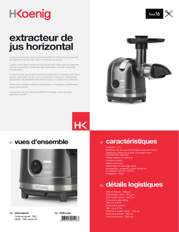 Product information | H.Koenig HSX16 Extracteur de jus Product fiche | Fixfr