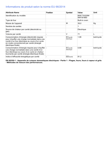 Product information | AEG BSE774320M Four encastrable Product fiche | Fixfr