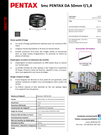 Product information | Pentax SMC DA 50mm f/1.8 Objectif pour Reflex Product fiche | Fixfr