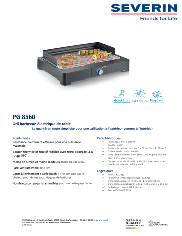 Product information | Severin PG8560 Barbecue électrique Product fiche | Fixfr