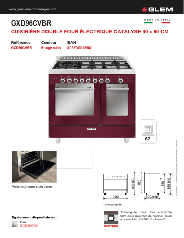 Product information | Glem GXD96CVBR Piano de cuisson mixte Product fiche | Fixfr