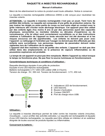 Manuel du propriétaire | Orium raquette à insectes rechargeable Raquette à insectes Owner's Manual | Fixfr