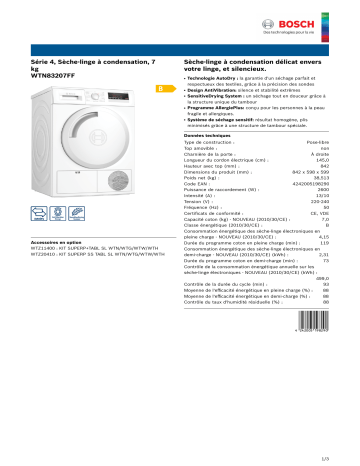 Product information | Bosch WTN83207FF Sèche linge à condensation Product fiche | Fixfr