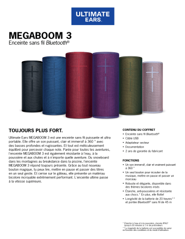 Megaboom 3 Rouge | Megaboom 3 Noir | Megaboom 3 Violet | Product information | Ultimate Ears Megaboom 3 Bleu Enceinte Bluetooth Product fiche | Fixfr
