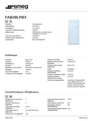 Product information | Smeg FAB28LPB3 Réfrigérateur 1 porte Product fiche | Fixfr