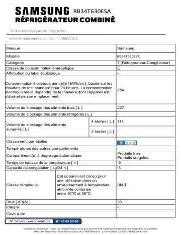 Product information | Samsung RB34T630ESA Réfrigérateur combiné Product fiche | Fixfr