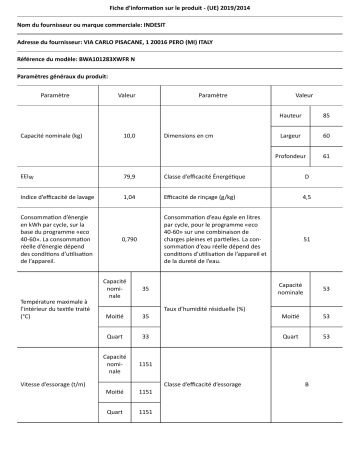 Product information | Indesit BWA101283XWFRN Lave linge hublot Product fiche | Fixfr