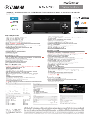 Product information | Yamaha MusicCast RX-A 2080 noir Ampli Home Cinema Product fiche | Fixfr
