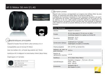 Product information | Nikon AF-S 50mm f/1.4G Nikkor Objectif pour Reflex Product fiche | Fixfr