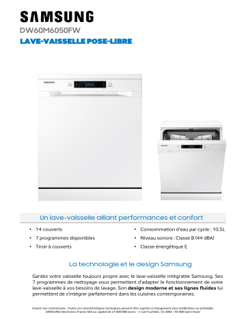 Product information | Samsung DW60M6050FW Lave vaisselle 60 cm Product fiche | Fixfr