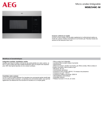 Product information | AEG MSB2548C-M Micro ondes encastrable Product fiche | Fixfr