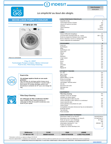 Product information | Indesit YTM1081FR Sèche linge pompe à chaleur Product fiche | Fixfr