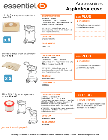 Product information | Essentielb EPA CUVE EAC 203 & 401 Filtre Product fiche | Fixfr