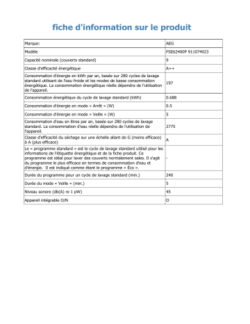 Product information | AEG FSE62400P Lave vaisselle encastrable Product fiche | Fixfr