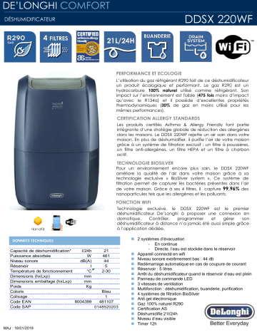 Product information | Delonghi DDSX220WF Deshumidificateur Product fiche | Fixfr