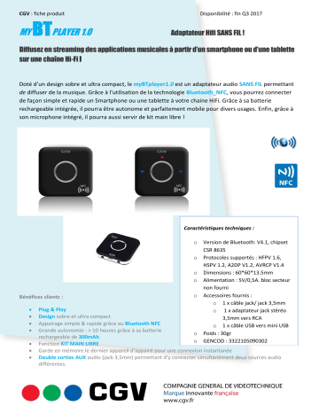 Product information | CGV MyBTplayer 1.0 Adaptateur bluetooth Product fiche | Fixfr