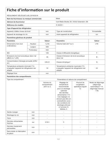 Product information | Miele K 34222 i Réfrigérateur 1 porte encastrable Product fiche | Fixfr