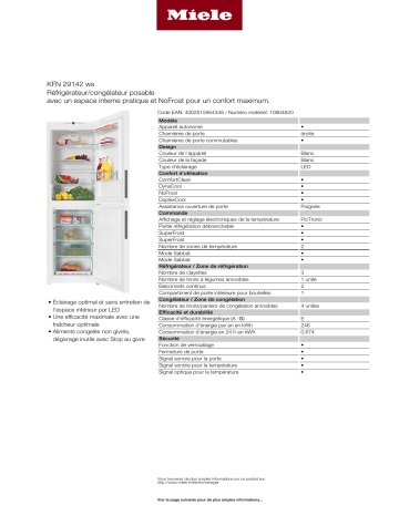 Product information | Miele KFN 29142 D ws Réfrigérateur combiné Product fiche | Fixfr