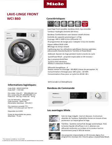 Product information | Miele WCI 860 Lave linge hublot Product fiche | Fixfr