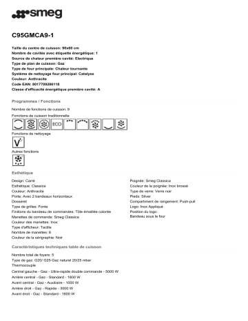 Product information | Smeg C95GMCA9-1 Piano de cuisson mixte Product fiche | Fixfr