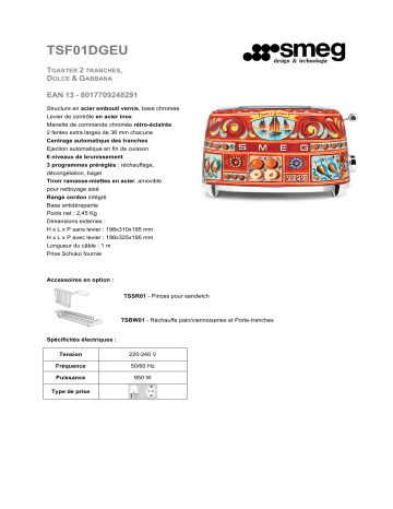Product information | Smeg TSF01DGEU Dolce Gabbana Grille-pain Product fiche | Fixfr