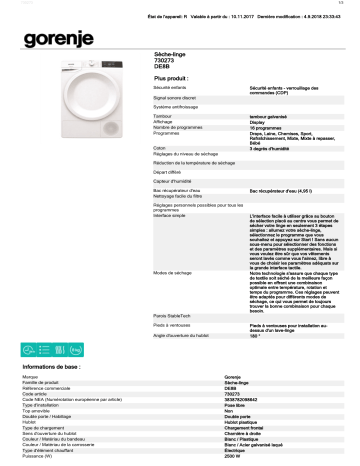 Product information | Gorenje DE8B Sèche linge à condensation Product fiche | Fixfr