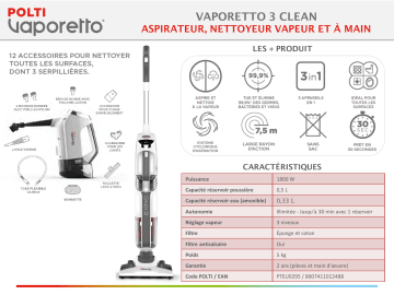 Product information | Polti VAPORETTO 3 CLEAN PTEU0295 Aspirateur nettoyeur vapeur Product fiche | Fixfr
