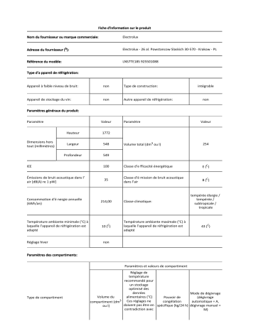 Product information | Electrolux LNS7TE18S Réfrigérateur combiné encastrable Manuel utilisateur | Fixfr