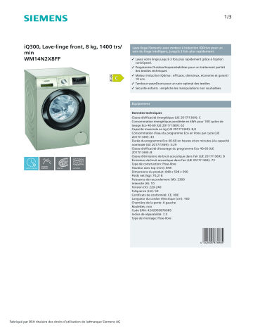 Product information | Siemens WM14N2X8FF Lave linge hublot Product fiche | Fixfr