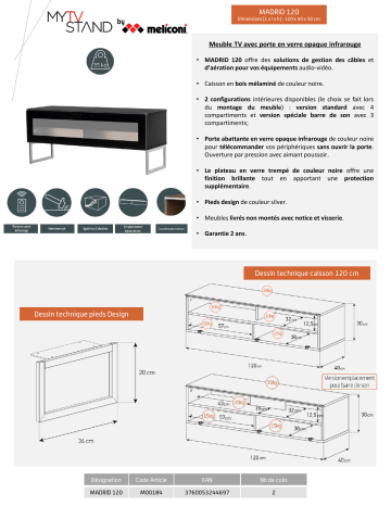Product information | Meliconi Madrid 120 cm noir Meuble TV Product fiche | Fixfr