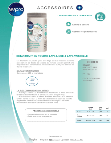 Product information | Wpro DES103 lave linge / lave vaisselle 250g Détartrant Product fiche | Fixfr