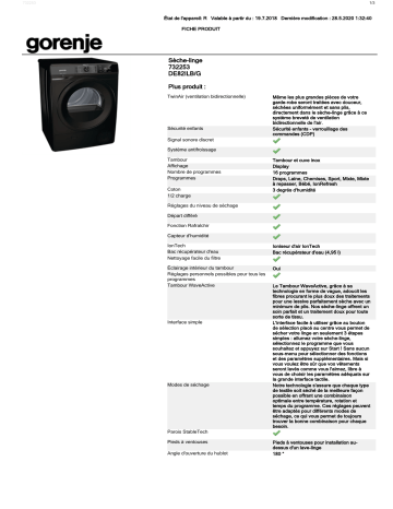 Product information | Gorenje DE82ILB/G Sèche linge pompe à chaleur Product fiche | Fixfr
