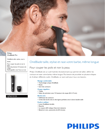 Product information | Philips OneBlade Pro QP6510/20 Tondeuse barbe Product fiche | Fixfr