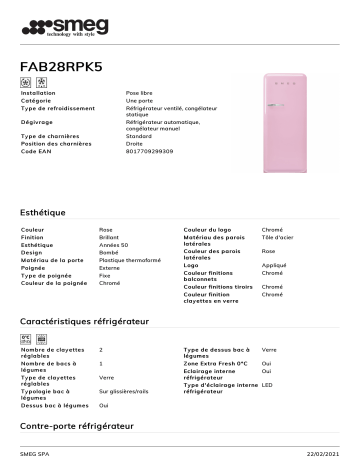 Product information | Smeg FAB28RPK5 Réfrigérateur 1 porte Product fiche | Fixfr