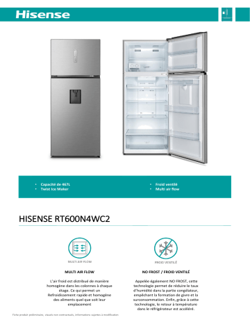 Product information | Hisense RT600N4WC2 Réfrigérateur 2 portes Product fiche | Fixfr
