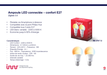 Product information | Innr E27 x2 Connectée Blanc variable confort Ampoule connectée Product fiche | Fixfr