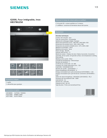 Product information | Siemens HB378G2S0 IQ500 Four encastrable Product fiche | Fixfr