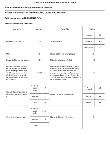 Product information | Whirlpool TDLRB6242BSFRN Lave linge top Product fiche | Fixfr