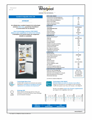 Product information | Whirlpool ART8810SF Réfrigérateur combiné encastrable Product fiche | Fixfr