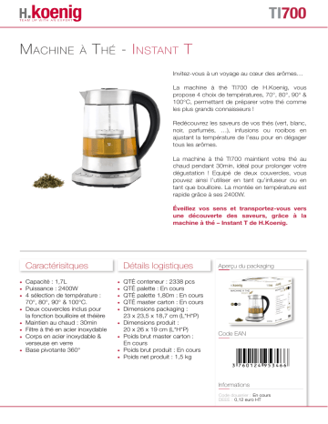 Product information | H.Koenig TI700 inox Théière Product fiche | Fixfr