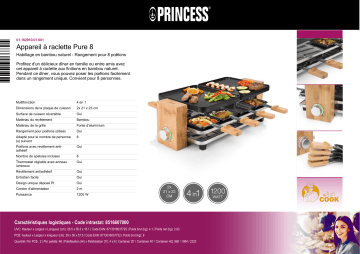 Product information | Princess Pure 8 personnes Raclette Product fiche | Fixfr
