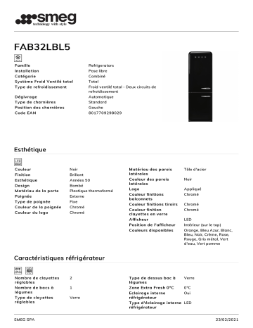 Product information | Smeg FAB32LBL5 Réfrigérateur combiné Product fiche | Fixfr