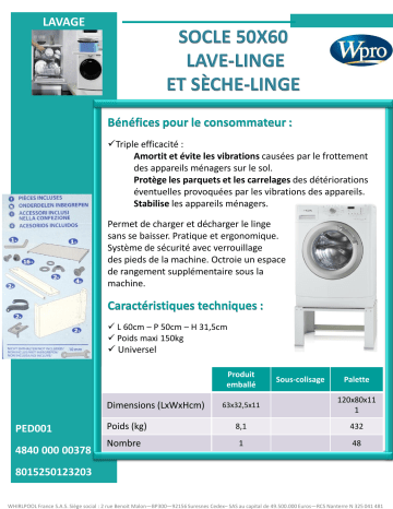 Product information | Wpro SOCLE POUR LL ET SL 50x60CM Socle Product fiche | Fixfr