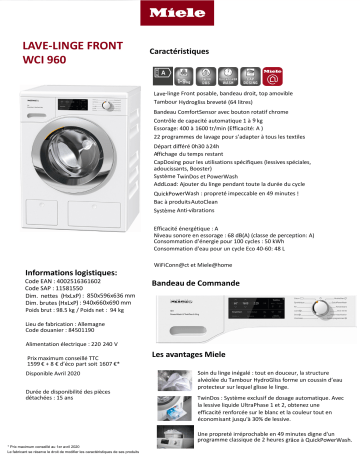 Product information | Miele WCI 960 WCS Lave linge hublot Product fiche | Fixfr