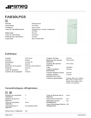 Product information | Smeg FAB30LPG5 Réfrigérateur combiné Product fiche | Fixfr